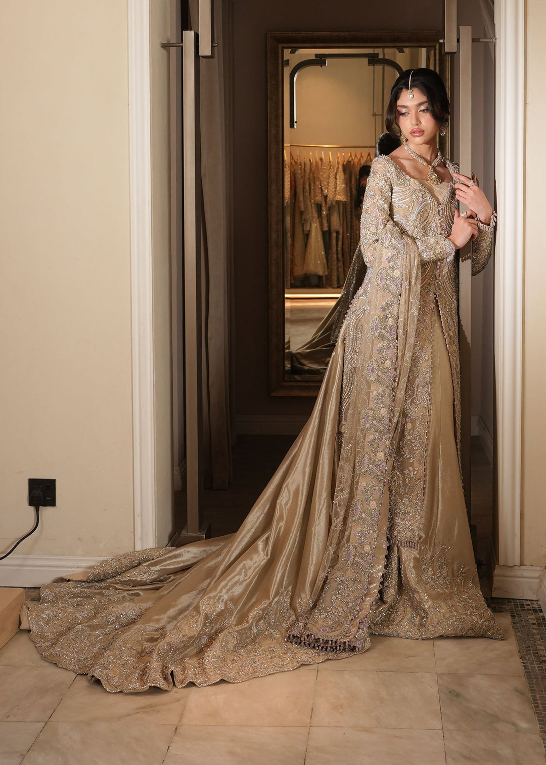Premium Pakistani Bridal Outfit in Net Gown and Lehenga Style