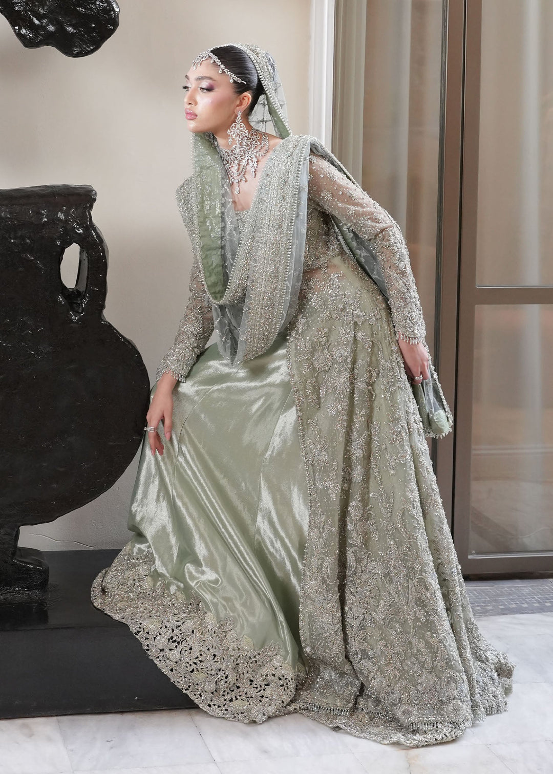 Premium Pakistani Bridal Outfit in Open Gown Lehenga Style