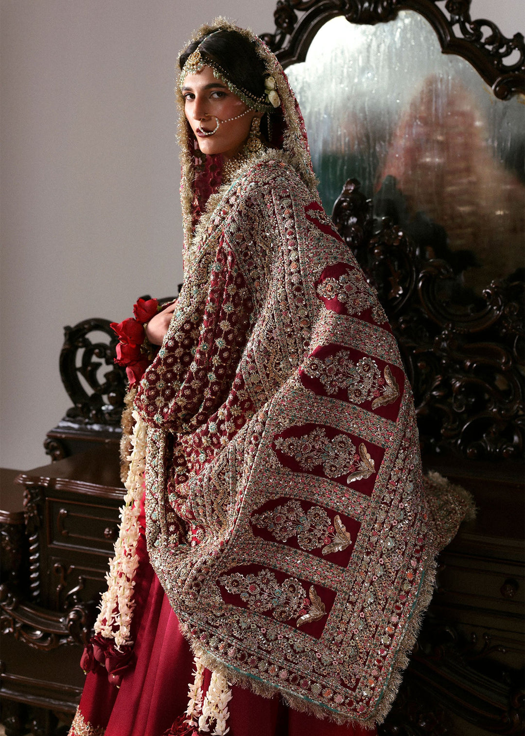 Premium Pakistani Bridal Outfit in Red Choli Lehenga Style
