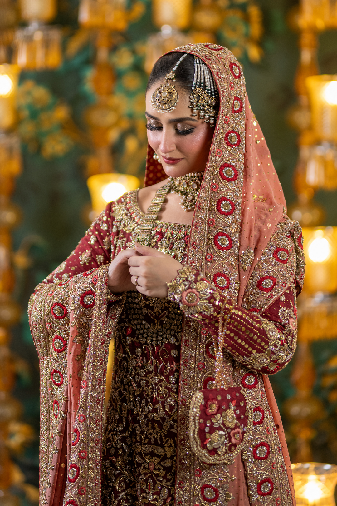 Pakistani Bridal Outfit in Red Kameez Lehenga Style
