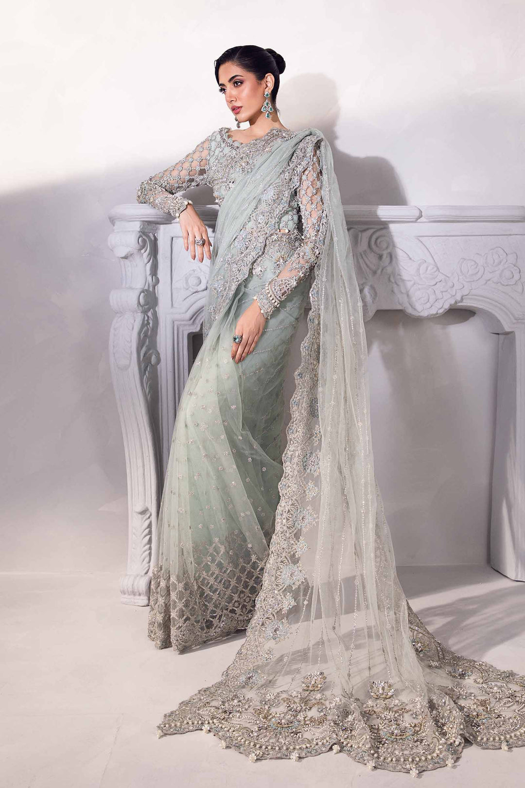 Elegant Blue Pakistani Bridal Dress - Saree Style
