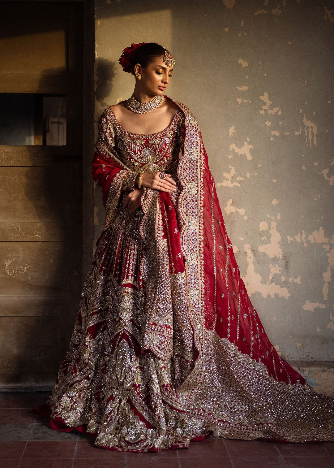 Premium Red Pakistani Bridal Gown Dupatta and Lehenga Dress
