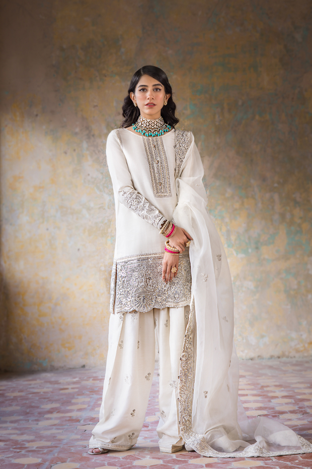 White Raw Silk Salwar Kameez Pakistani Party Dresses Nameera by