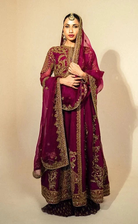 Purple Pakistani Bridal Dress in Sharara Kameez Style