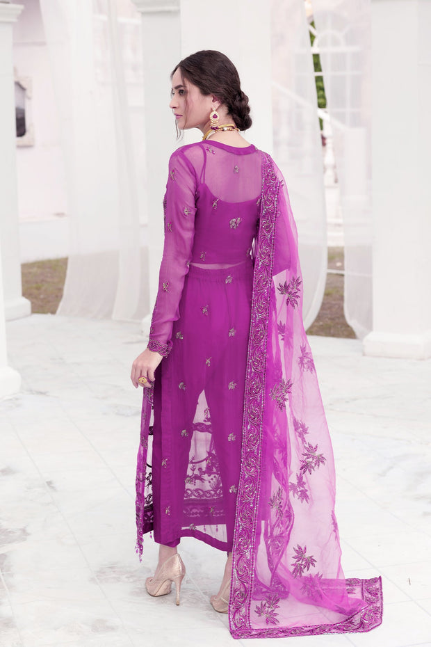 Purple Pakistani Salwar Kameez And Dupatta In Chiffon Nameera By Farooq 