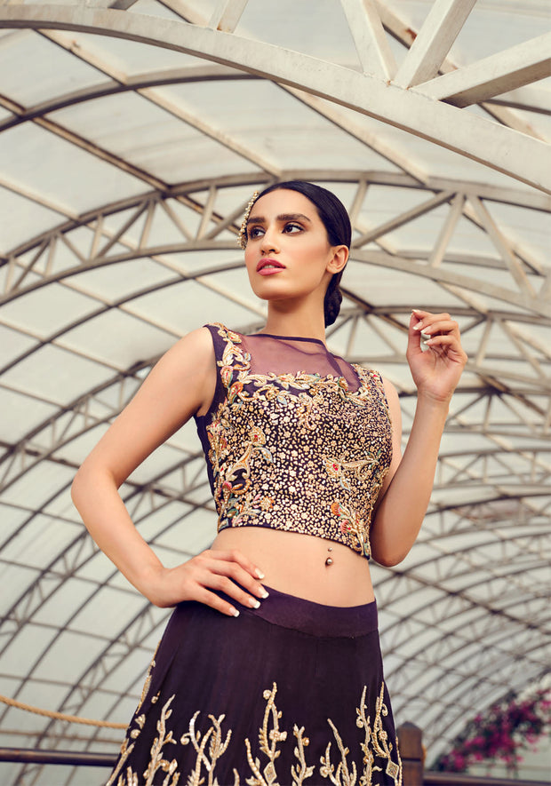 Pakistani Designer Bridal Dress in Regal Aubergine Silk