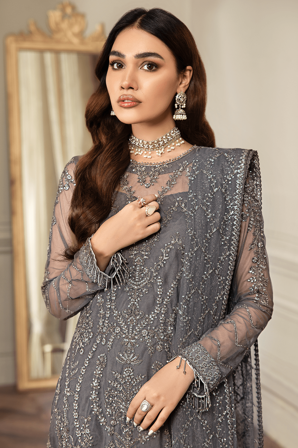 Elegant Storm Grey Sequins Embroidered Net Dress