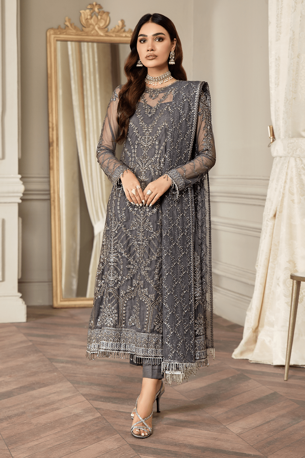 Elegant Storm Grey Sequins Embroidered Net Dress