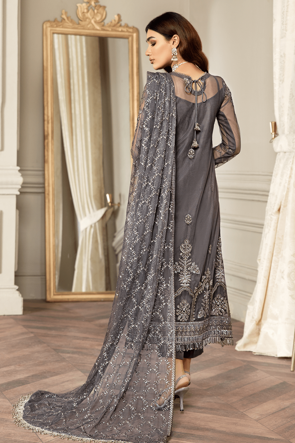 Elegant Storm Grey Sequins Embroidered Net Dress