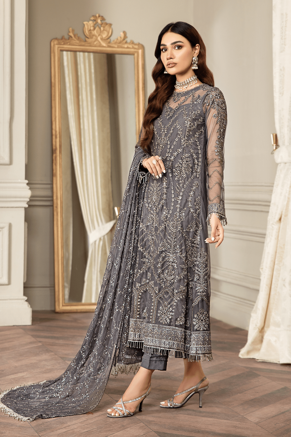 Elegant Storm Grey Sequins Embroidered Net Dress
