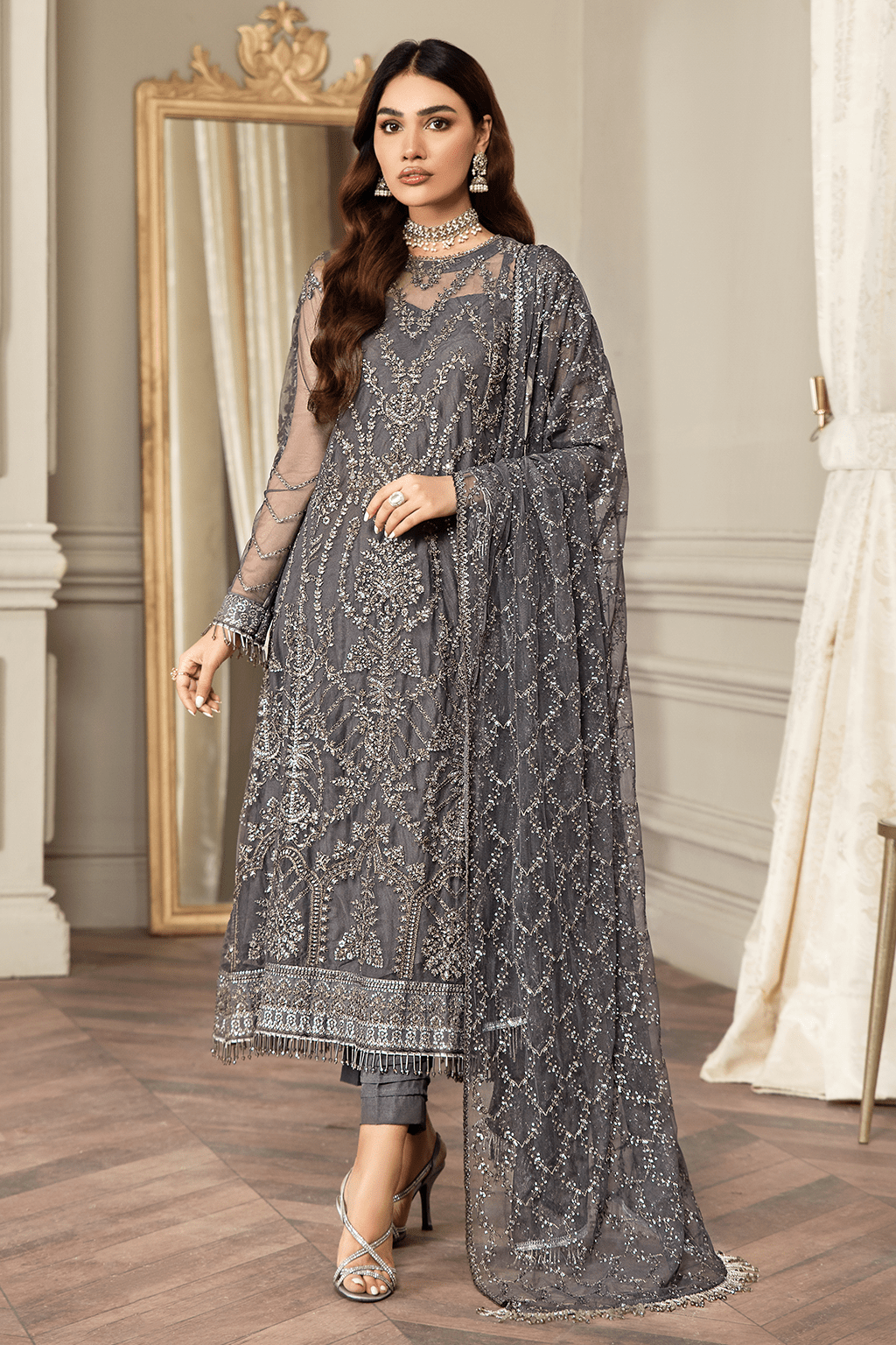 Elegant Storm Grey Sequins Embroidered Net Dress