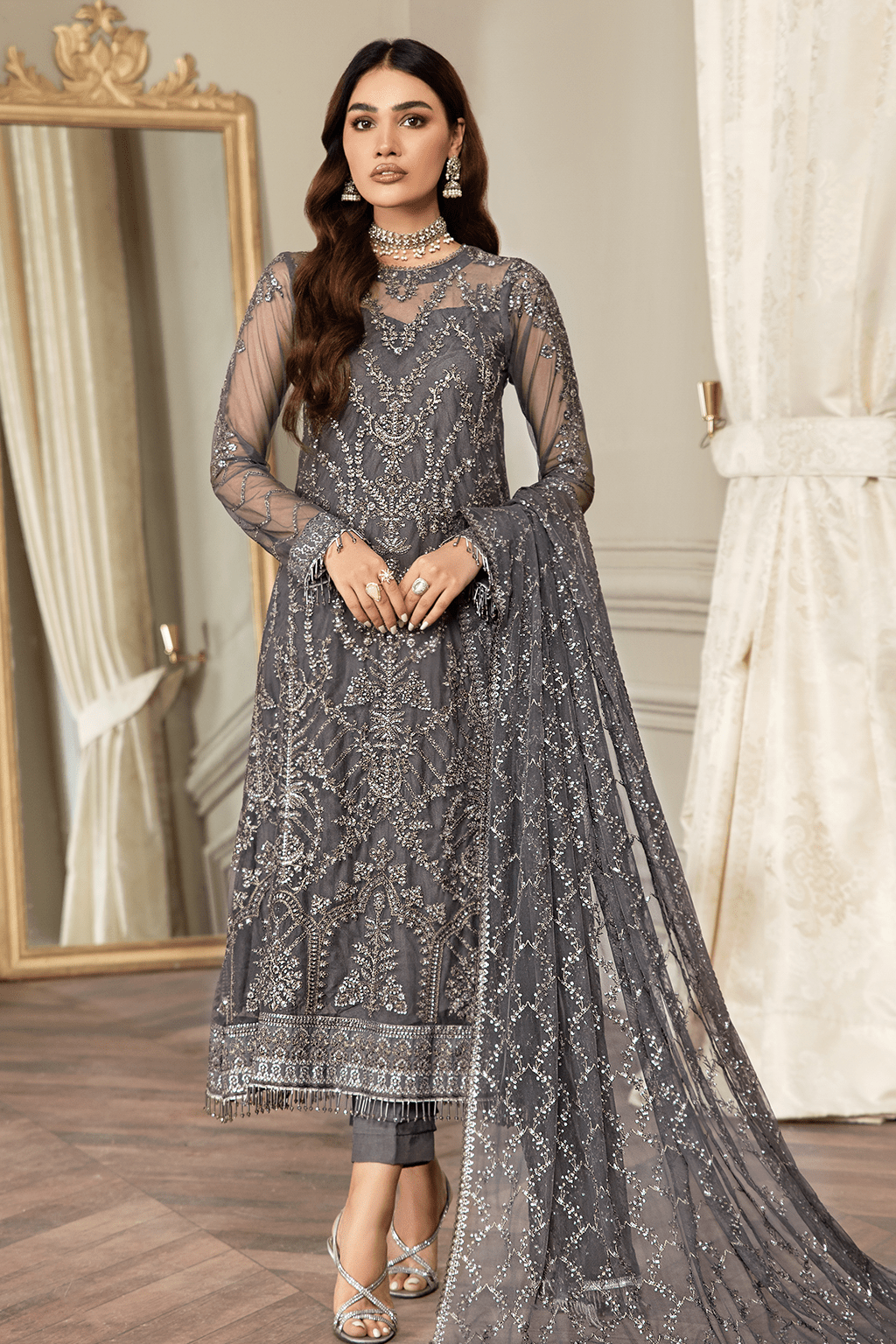 Elegant Storm Grey Sequins Embroidered Net Dress