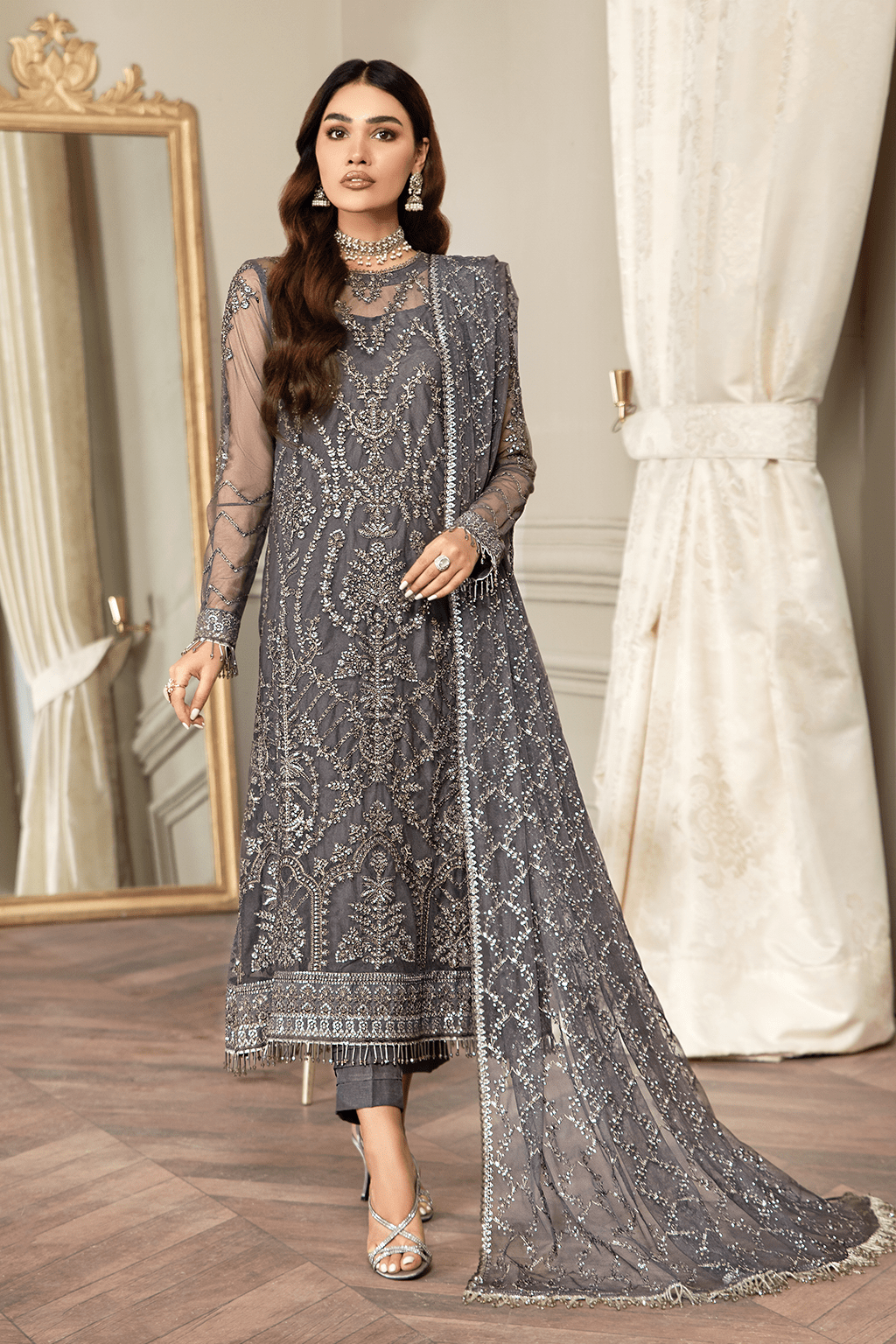 Elegant Storm Grey Sequins Embroidered Net Dress