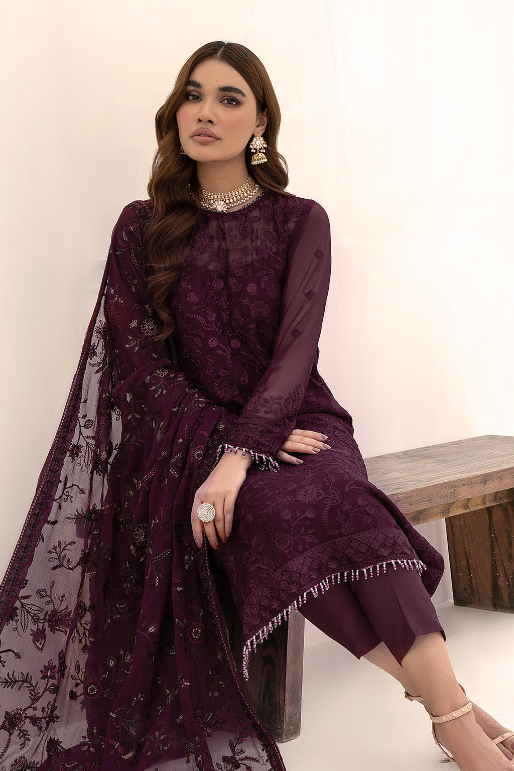 Elegant Multi-Shade Embroidered Chiffon Dress