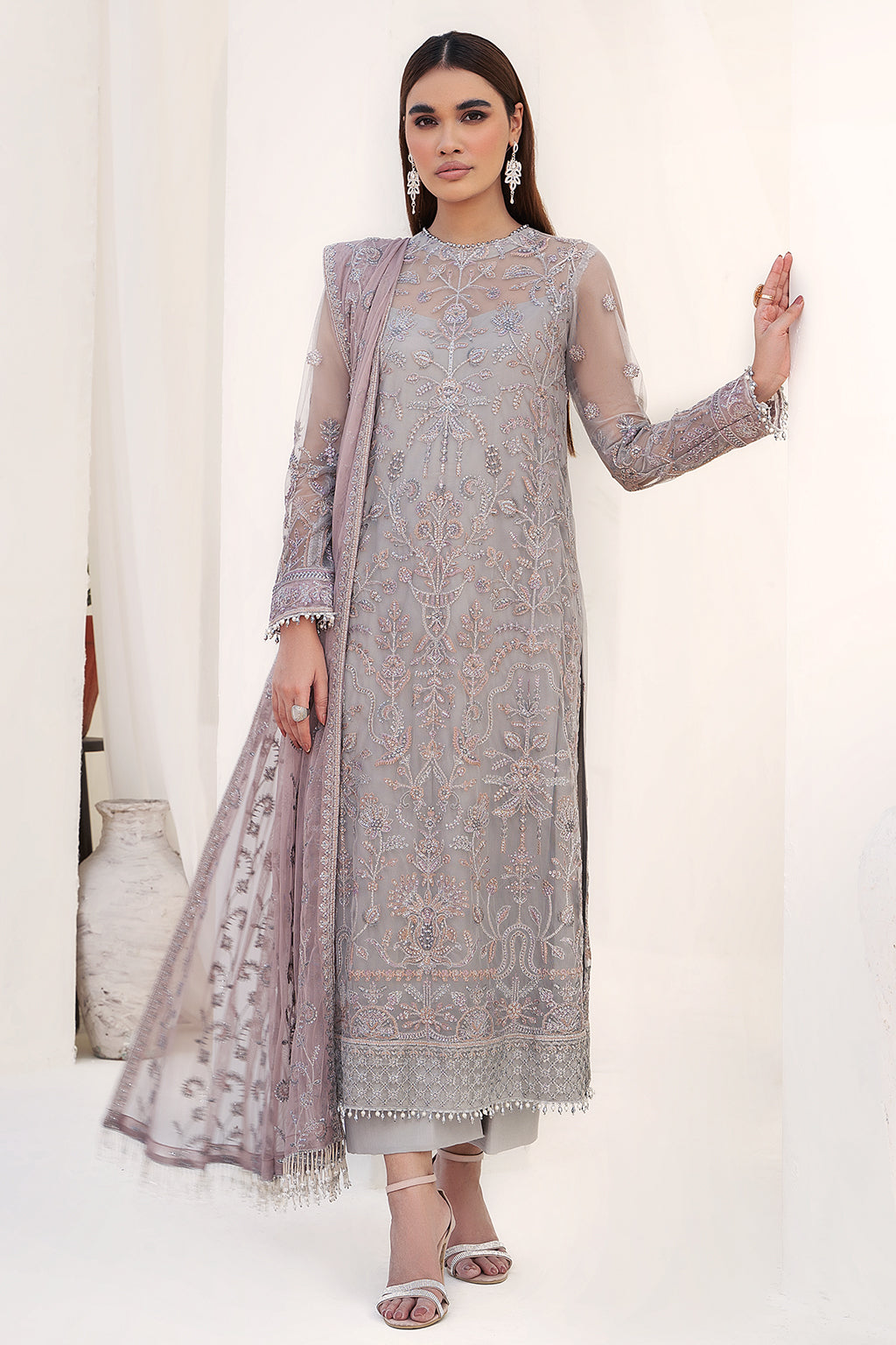 Embroidered Net Dress with Pink Contrast Dupatta