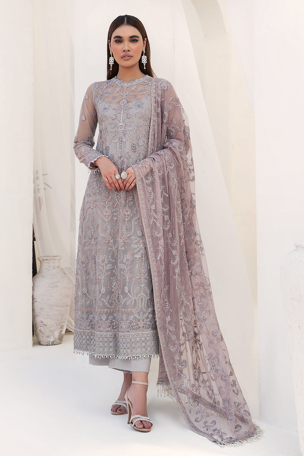 Embroidered Net Dress with Pink Contrast Dupatta