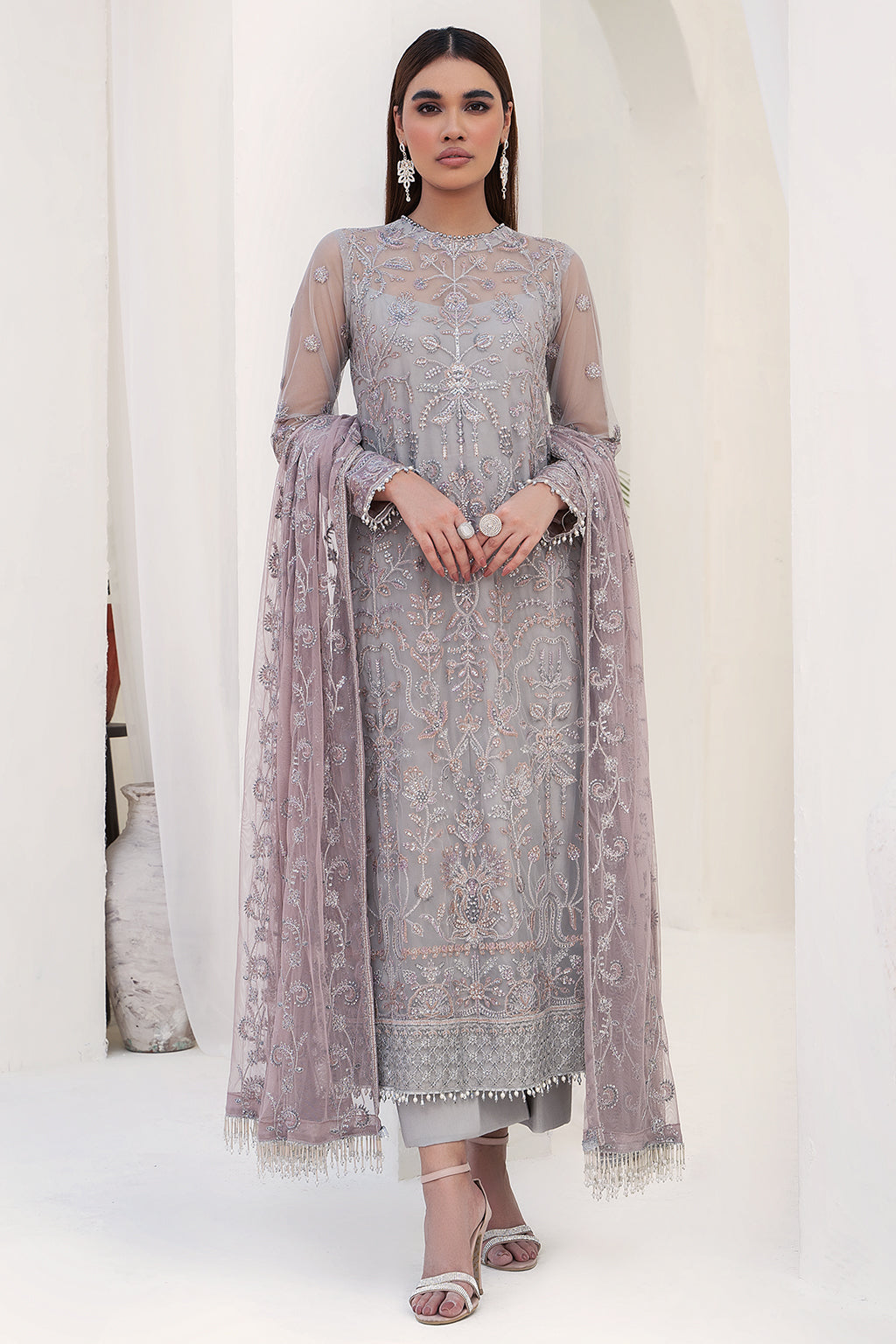 Embroidered Net Dress with Pink Contrast Dupatta