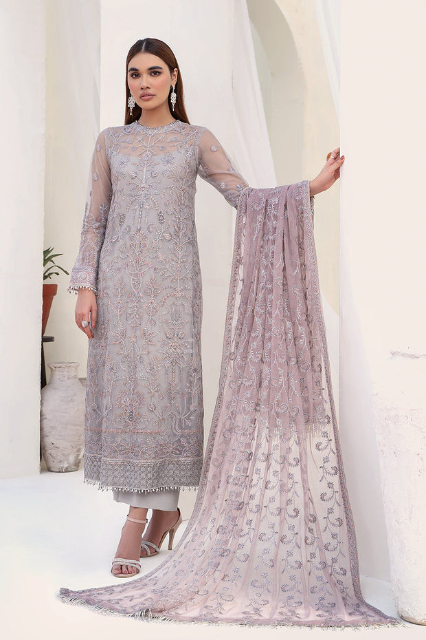 Embroidered Net Dress with Pink Contrast Dupatta