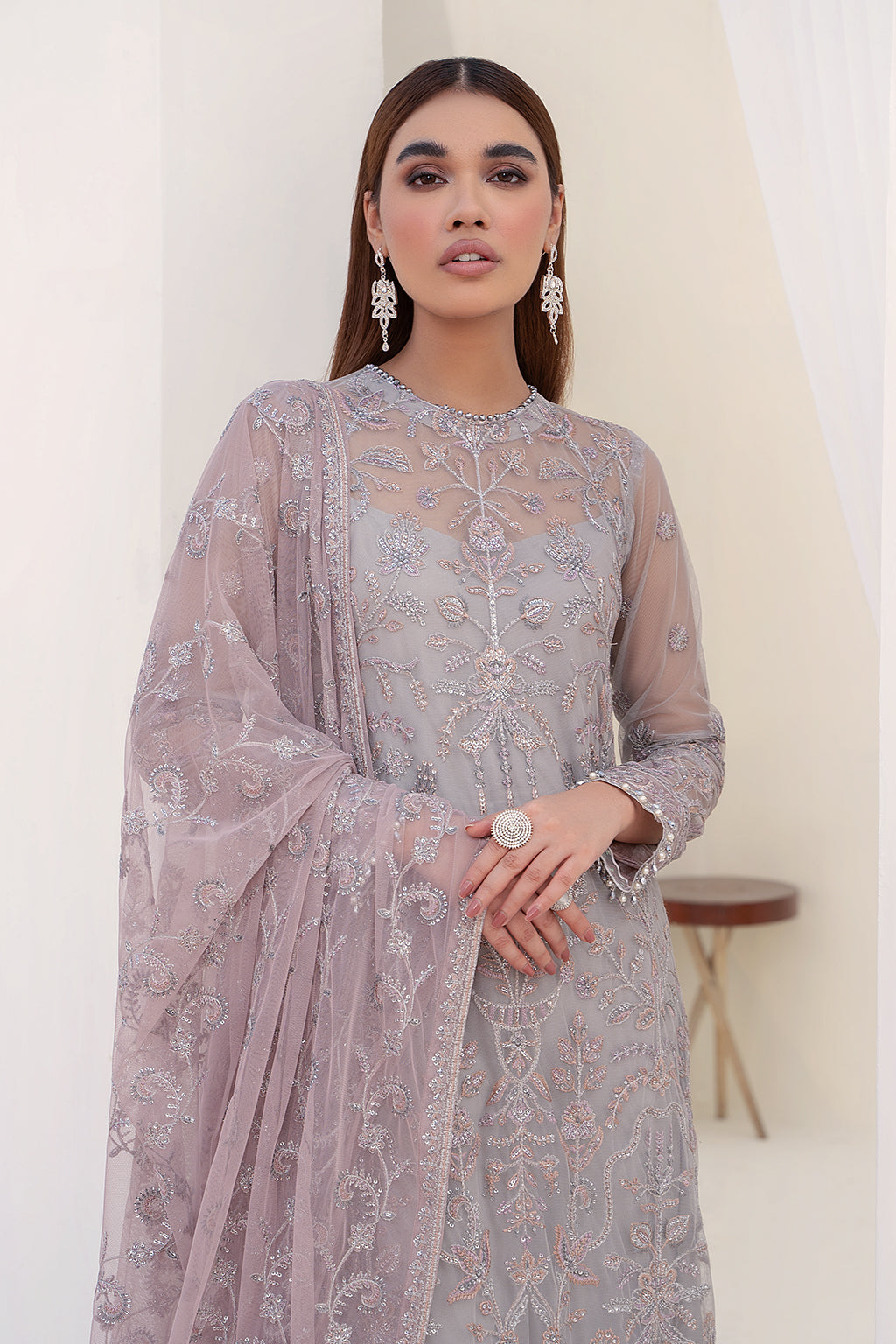 Embroidered Net Dress with Pink Contrast Dupatta