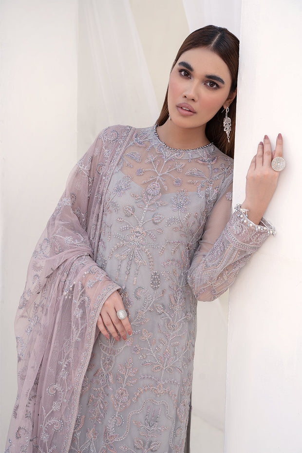 Embroidered Net Dress with Pink Contrast Dupatta