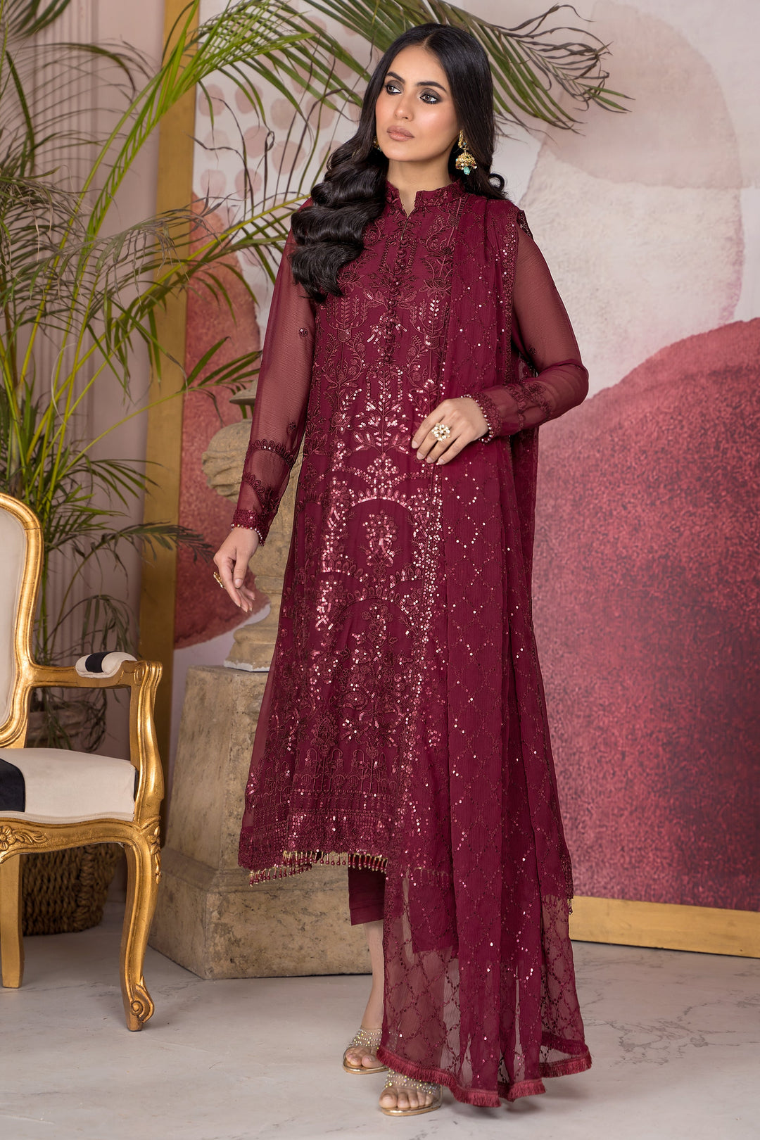 Flamboyant Maroon Sequins Embroidered Chiffon Dress