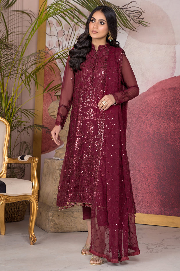 Flamboyant Maroon Sequins Embroidered Chiffon Dress