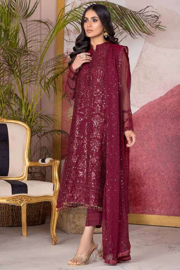 Flamboyant Maroon Sequins Embroidered Chiffon Dress