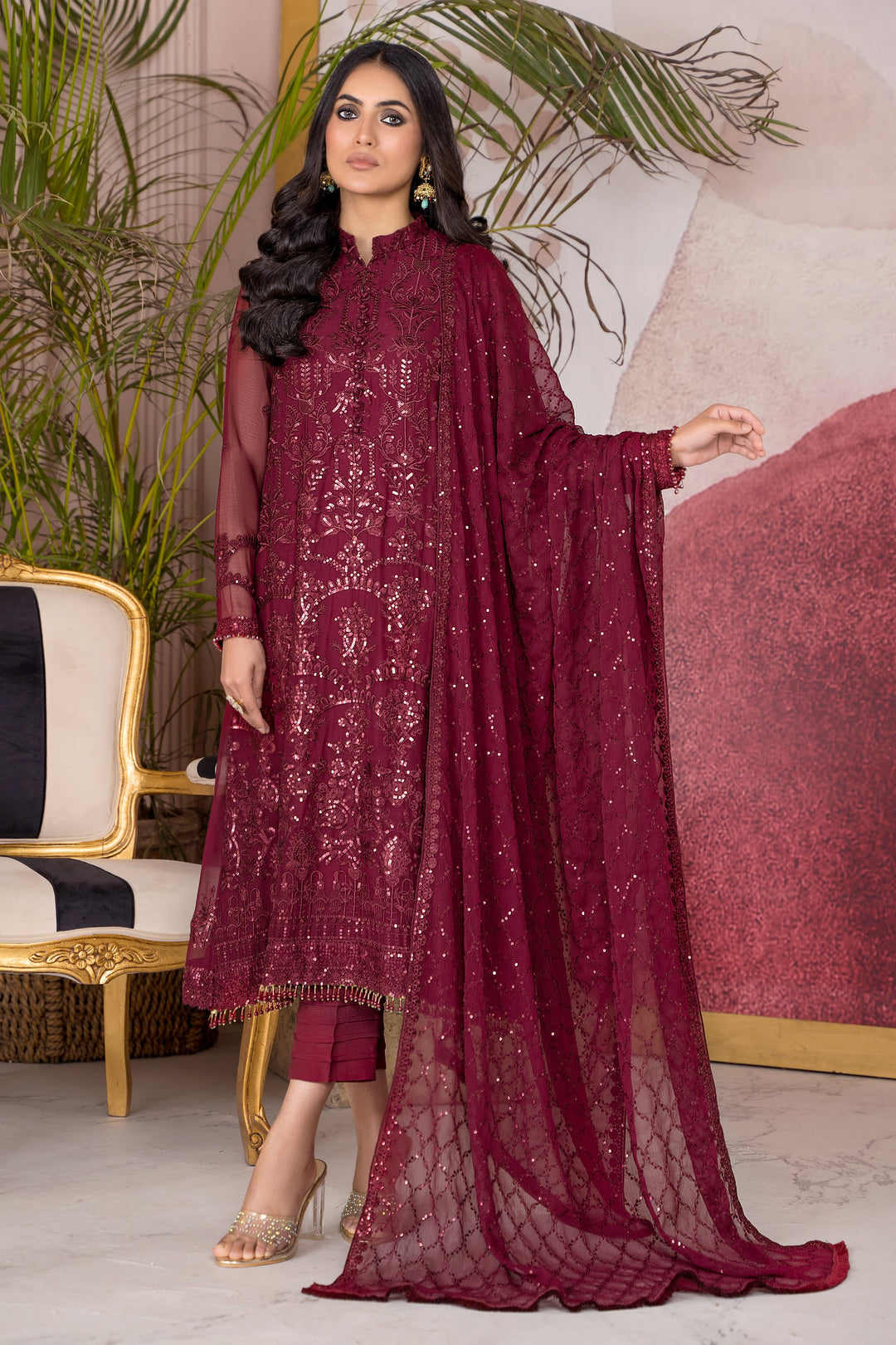 Flamboyant Maroon Sequins Embroidered Chiffon Dress