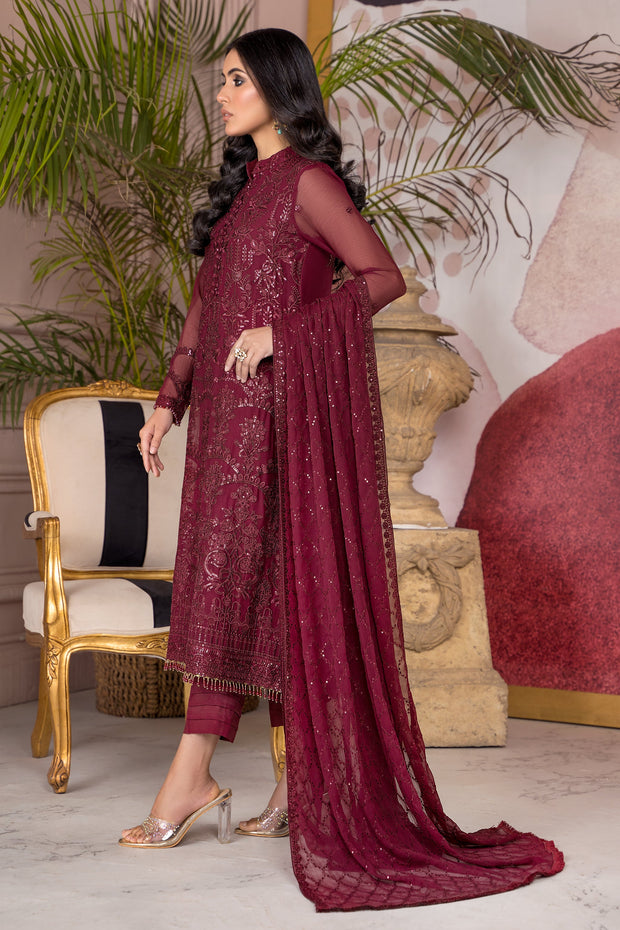 Flamboyant Maroon Sequins Embroidered Chiffon Dress