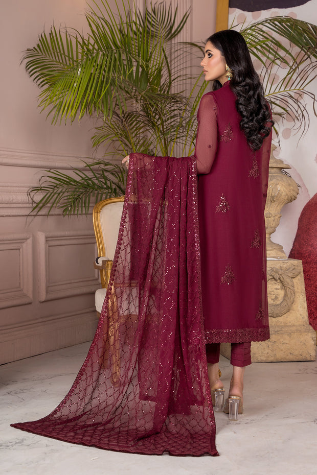 Flamboyant Maroon Sequins Embroidered Chiffon Dress