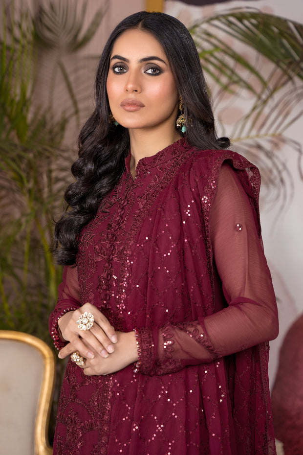 Flamboyant Maroon Sequins Embroidered Chiffon Dress