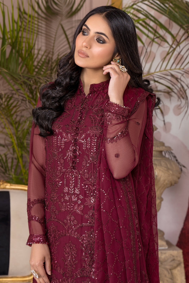 Flamboyant Maroon Sequins Embroidered Chiffon Dress