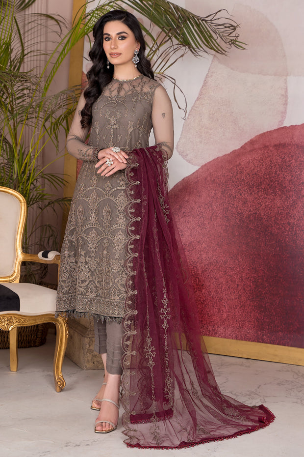 Elegant Light Brown Embroidered Net Ensemble with Maroon Dupatta