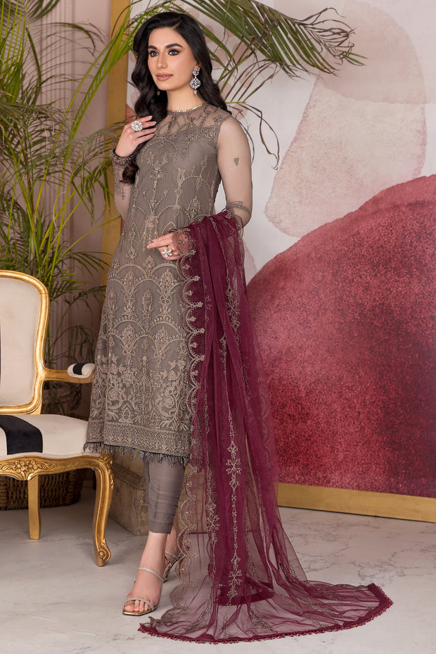 Elegant Light Brown Embroidered Net Ensemble with Maroon Dupatta