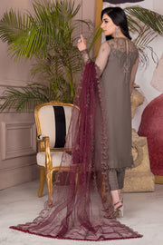 Elegant Light Brown Embroidered Net Ensemble with Maroon Dupatta