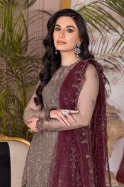 Elegant Light Brown Embroidered Net Ensemble with Maroon Dupatta