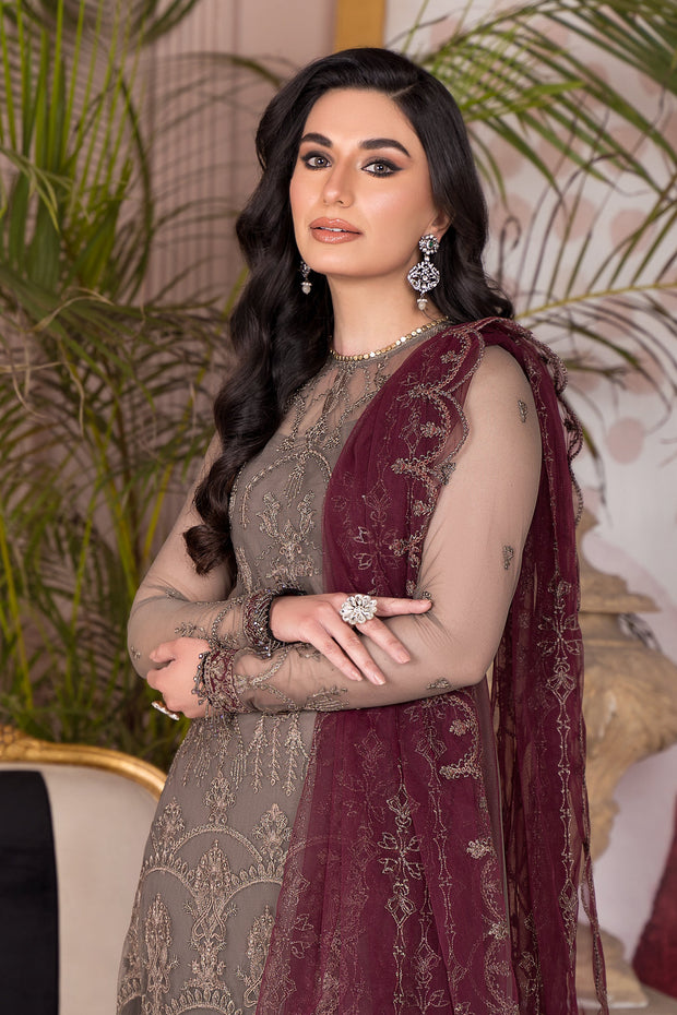 Elegant Light Brown Embroidered Net Ensemble with Maroon Dupatta