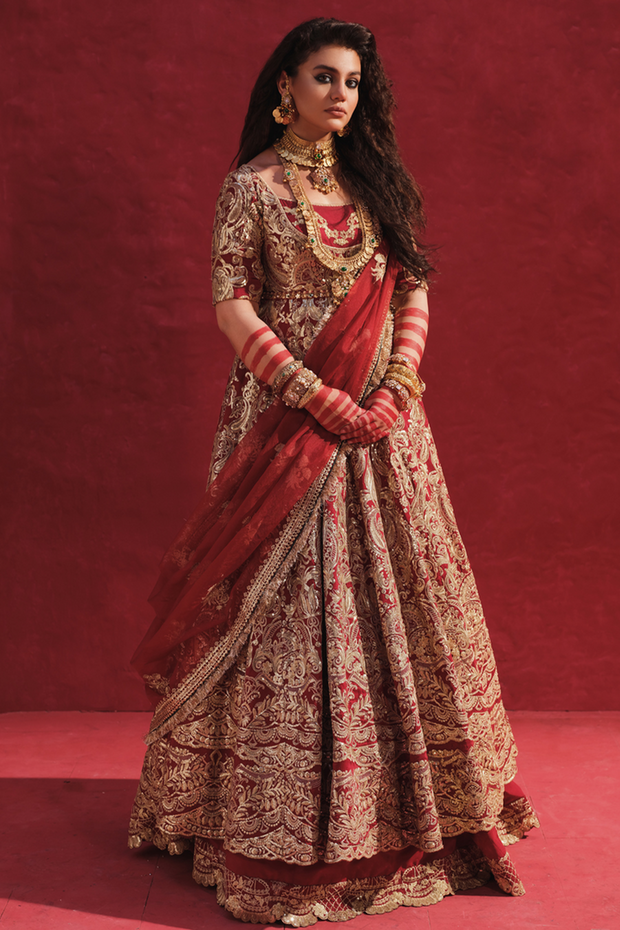 Raw Silk Maroon Pishwas for Pakistani Bridal Dresses