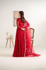 Red Elegant Pakistani Party Dress Embroidered Chiffon Dupatta