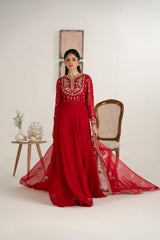 Red Elegant Pakistani Party Dress Embroidered Chiffon Frock Dupatta