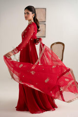Red Elegant Pakistani Party Dress Embroidered Chiffon Frock