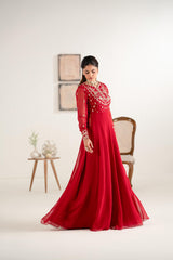 Red Elegant Pakistani Party Dress Embroidered Frock Dupatta