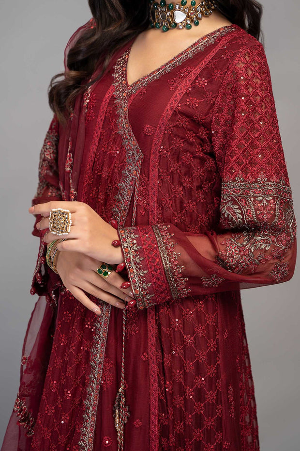 Red Embroidered Chiffon Pakistani Party Wear Angrakha frock