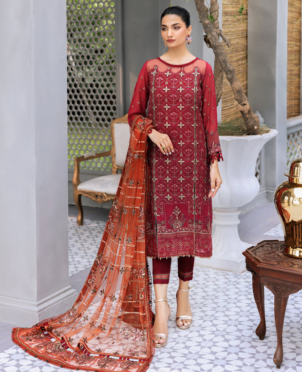 Red Embroidered Pakistani Party Wear Salwar Kameez Dupatta