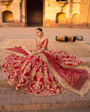 Red Lehenga and Choli Raw Silk Pakistani Bridal Dress Online