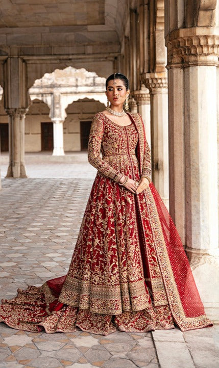 Red Lehenga and Open Pishwas Pakistani Bridal Dress