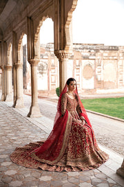 Red Lehenga and Open Traditional Pishwas Pakistani Bridal Dress