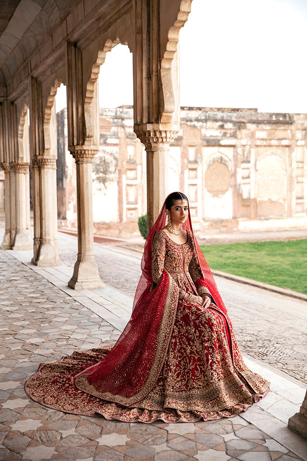 Red Lehenga and Open Traditional Pishwas Pakistani Bridal Dress