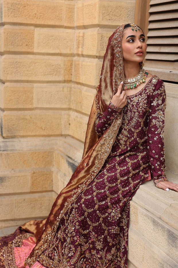 Maroon Red Long Kameez Lehenga Pakistani Bridal Dress