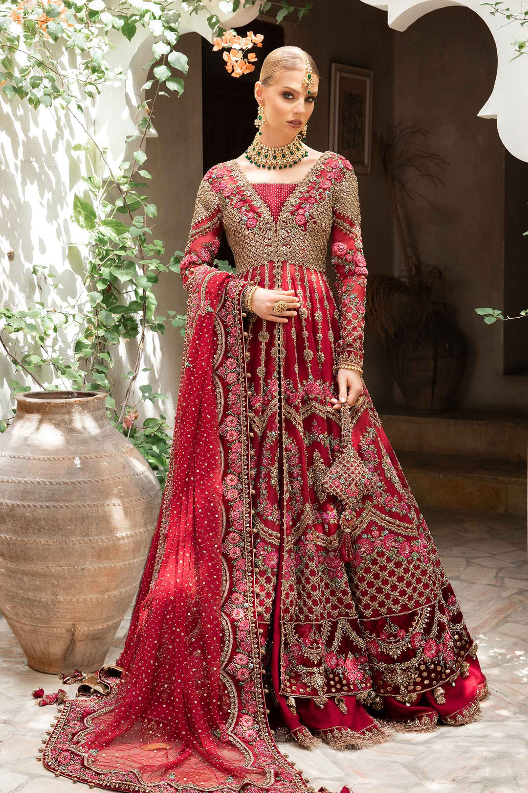 Pakistani Bridal Dress - Open Gown with Lehenga Dupatta